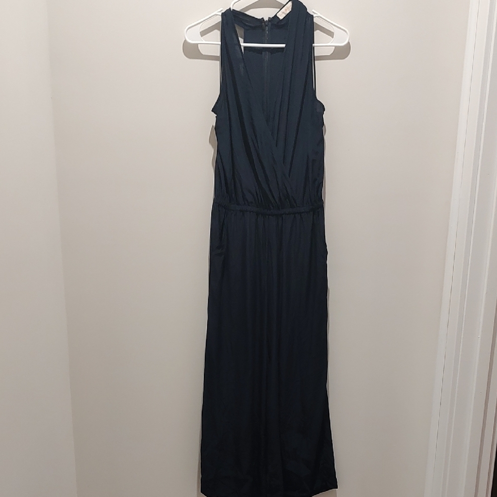 Tory Burch 100% Silk Navy Sleeveless V-Neck Faux Wrap Wide Leg Jumpsuit Vaca